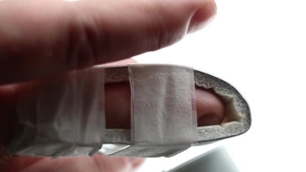 Man Hand Broken Finger Splint Placed Broken Finger Mirror Background — Stock Video