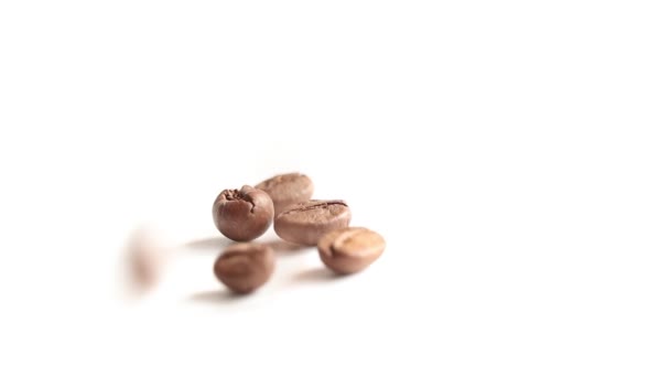 烤咖啡豆落在白色的背景上 — 图库视频影像
