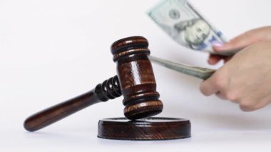 Beyaz bir arkaplan, yolsuzluk, mahkeme ve hukukta hakimin tokmağına karşı dolar sayan kadın eller
