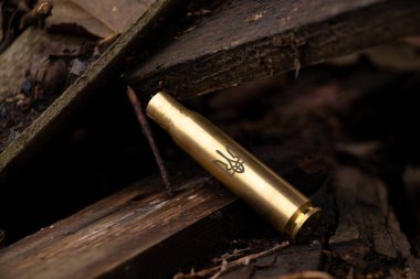 Ukrayna armasını taşıyan boş bir kovan Ukrayna 'da gün boyunca yerde yatıyor, savaş.