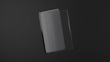 Cep telefonunun 3 boyutlu modeli ve arka planda koruyucu cam, telefon