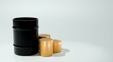 Üç boyutlu siyah yağ fıçısı modeli ve hafif arka planda bir yığın bozuk para, petrol varili ve para.