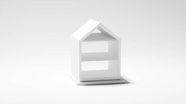 Beyaz arka planı, mimarisi ve tasarımı olan modern beyaz bir evin 3 boyutlu modeli.