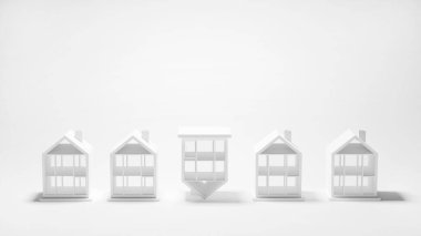 Modern evlerin 3 boyutlu modelleri ve beyaz arka plan, mimari ve ev tasarımı üzerine ters çevrilmiş bir ev.