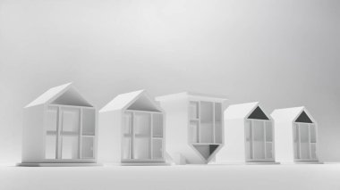 Modern evlerin 3 boyutlu modelleri ve beyaz arka plan, mimari ve ev tasarımı üzerine ters çevrilmiş bir ev.