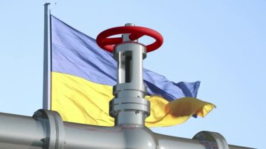Gökyüzünde Ukrayna bayrağının arka planına basınçlı vanası olan bir gaz borusunun 3D modeli, gaz borusu.