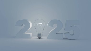 Parlayan bir ampulün 3D modeli ve 2025 yılı. Burada sıfır yerine beyaz arka plandaki ampul parlıyor.