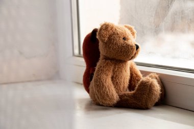 Çocukların yumuşak oyuncakları pencerede oturuyor ve pencereden dışarı bakıyor, oyuncaklar