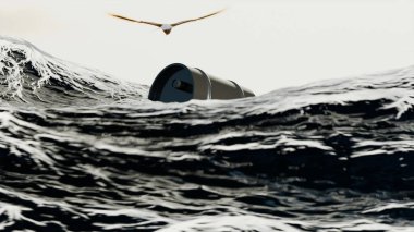 3D model of an oil barrel on the waves in the sea, ecological disaster, tanker wreck and oil leak into the sea clipart