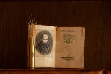 Ukrayna Dnepr 9 Şubat 2025 - Kobzar Taras Shevchenko 'ya kitap ve Ukrayna arması ve rafta bir buğday kulağı bulunan bir fişek kutusu