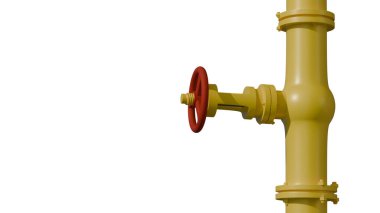 Beyaz arka plan, gaz borusu ve boru hattında basınç vanası olan 3 boyutlu sarı gaz borusu.