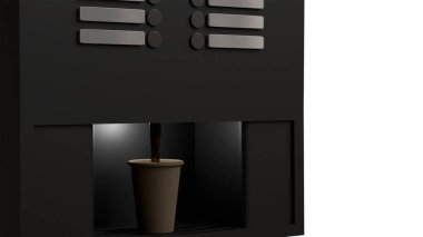 Siyah işlevsel kahve makinesinin 3 boyutlu modeli ve beyaz arka planda kağıt bardak, modern kahve makinesi.