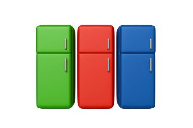 3D model of three refrigerators green and red and blue on a white background, household appliances for home clipart