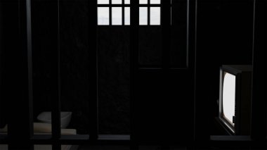 Eski bir televizyonun hapishane hücresindeki eski bir televizyonun 3 boyutlu modeli, retro TV, hapishanede TV izlemek, hukuk ve ceza.