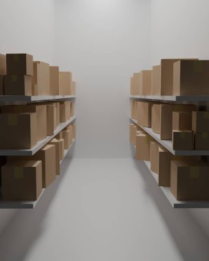 Posta kutuları raflarda, lojistik merkezinde, depoda, 3D modelde, raflarda karton kutularda.