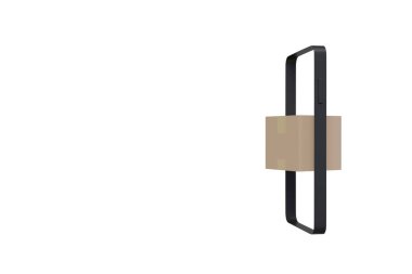 Beyaz zemin üzerinde karton kutunun ve cep telefonunun 3D modeli, sipariş ve teslimat çevrimiçi, telefon ile paket