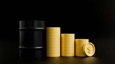Siyah arka plan, para ve petrol, petrol varili, siyah yağ varili üzerinde üç boyutlu bir siyah yağ fıçısı ve bir yığın altın.