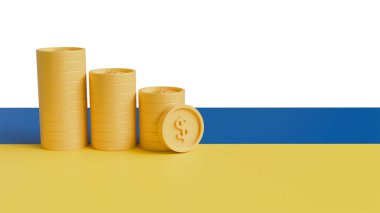 Ukrayna bayrağının 3 boyutlu modeli ve beyaz arka planda bir yığın madeni para, iş ve ekonomi, para