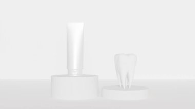 Beyaz arka plandaki kaidede beyaz azı dişi ve beyaz diş macununun 3 boyutlu modeli, dişçilik, diş tasarımı, diş bakımı