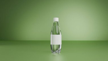 Suyu olan şeffaf plastik bir şişenin 3 boyutlu modeli ve yeşil arka planda beyaz bir etiket, su, şişelerde su