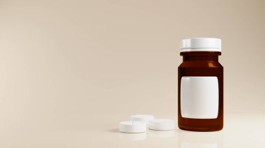 Beyaz haplar ve bej arka planda bir şişe ilaç, ilaçlar ve vitaminler, tıbbi hazırlıklar.