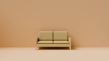 Üç boyutlu bir kumaş, iki koltuklu bej koltuk, parlak bir odada döşenmiş mobilya, kanepe tasarımı.