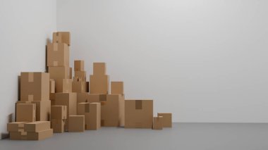 Beyaz bir odada, yerde bir sürü farklı boyutta karton kutu, posta kutuları, 3 boyutlu model, lojistik...