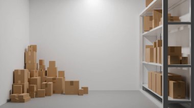 Raflardaki posta kutuları, lojistik merkezi, depo, 3D model, raflardaki karton kutular.