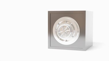 Üç boyutlu çelik kasa, yuvarlak kapı ve beyaz arka planda yuvarlak kilit. Güvenilir bir kasa.