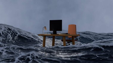 Bilgisayarlı bilgisayar masası ve bilgisayar sandalyesi okyanusun ortasında duruyor, 3D iç tasarım, işyeri