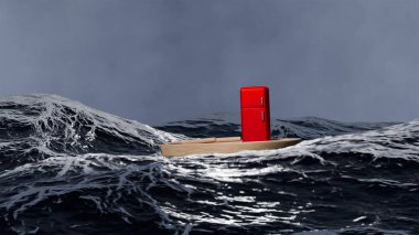 Kırmızı buzdolabı okyanusta bir teknede yüzüyor, deniz taşımacılığı, 3D model, mal teslimatı.