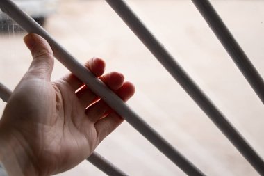 Kadın eli pencerede parmaklıklara tutunuyor özgürlükten, yalnızlıktan yoksun