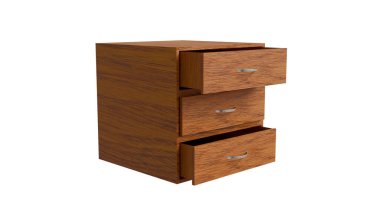 Beyaz arka planda açık çekmeceleri olan küçük ahşap bir komodinin 3 boyutlu modeli.