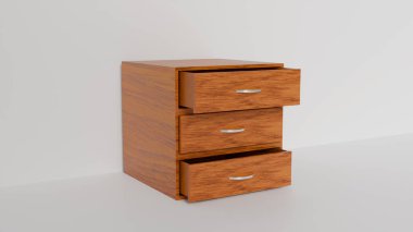 Beyaz arka planda açık çekmeceleri olan küçük ahşap bir komodinin 3 boyutlu modeli.