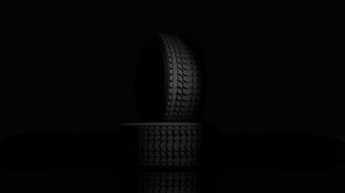 Siyah arka planda üç boyutlu iki araba lastiği modeli, lastikler.