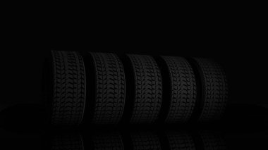 Siyah arka planda üç boyutlu dört araba lastiği modeli, lastikler.