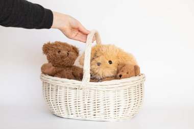 Çocukların yumuşak oyuncak ayıları ve beyaz hasır sepetinde bir tavşan ve beyaz arka planda bir kadının eli bir sepeti tutuyor, bir hediye.