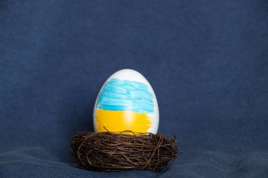 Ukrayna bayrağının renklerine boyanmış bir Paskalya yumurtası mavi arka planda bir yuvada, Ukrayna 'da Paskalya.