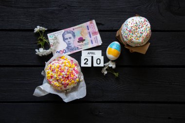 Ukrayna bayrağıyla Paskalya yumurtası, Paskalya pastası, 200 Hryvnia faturası ve tarihi 20 Nisan olan bir takvim, Ukrayna 'da Paskalya masrafları.
