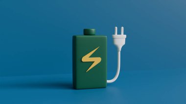 Sarı yıldırımlı ve beyaz fişi mavi arka planda, modern enerji ve mobil şarjlı bir yeşil güç bankasının 3 boyutlu modeli