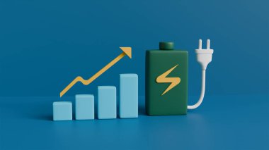 Güç bankası, elektrik prizi ve büyüyen grafiği, enerji verimliliğinin ve dijital teknolojilerin büyümesi ile üç boyutlu sahne