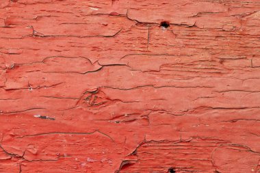 Güneşte arka plan olarak tahtadaki eski kırmızı kabuk boyası, kırmızı arka plan.