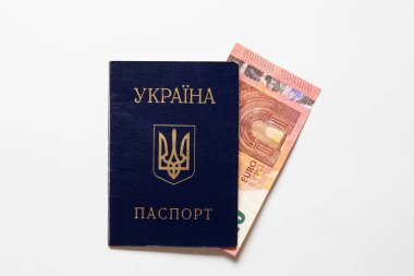 Beyaz arka plan, mali yardım, ödemeler ve destek konularında Ukrayna pasaportu ve 10 avroluk banknot