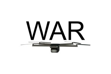 Beyaz arka planda WAR metni olan 3D savaş uçağı modeli, gelecekteki insansız hava aracı savaş konsepti ve savaş teknolojisi