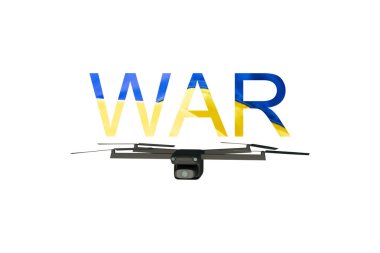 Beyaz arka planda Ukrayna bayrağı renginde WAR yazılı bir İHA 'nın 3D modeli, insansız hava aracı savaş ve modern savaş teknolojilerinin sembolü.