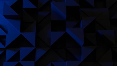 Üç boyutlu arka plan, farklı yüksekliklerin siyah ve mavi ışık geometrik şekilleri. Arka plan için gölgeler, arka plan için duvar kağıtları.