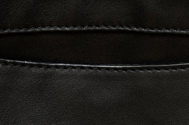 Cepli ve dikişli siyah deri arka plan, kadın derisi çanta.