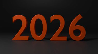 Siyah zemin üzerinde kırmızı hacimsel sayılar 2026, yılın 3D görselleştirmesi, gelecek konsepti, planlar, takvim, strateji, yeni başlangıç
