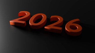 Siyah zemin üzerinde kırmızı hacimsel sayılar 2026, yılın 3D görselleştirmesi, gelecek konsepti, planlar, takvim, strateji, yeni başlangıç