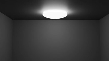 Modern tavan lambası, karanlık tavan üzerinde parlayan yuvarlak lamba gri duvarlı boş oda, minimalist iç mekan, aydınlatma